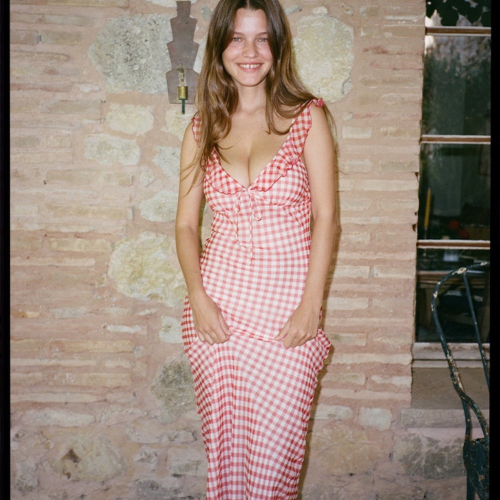 NWT Realisation Par Heidi Rouge Gingham Maxi Silk Red White Dress in Medium M